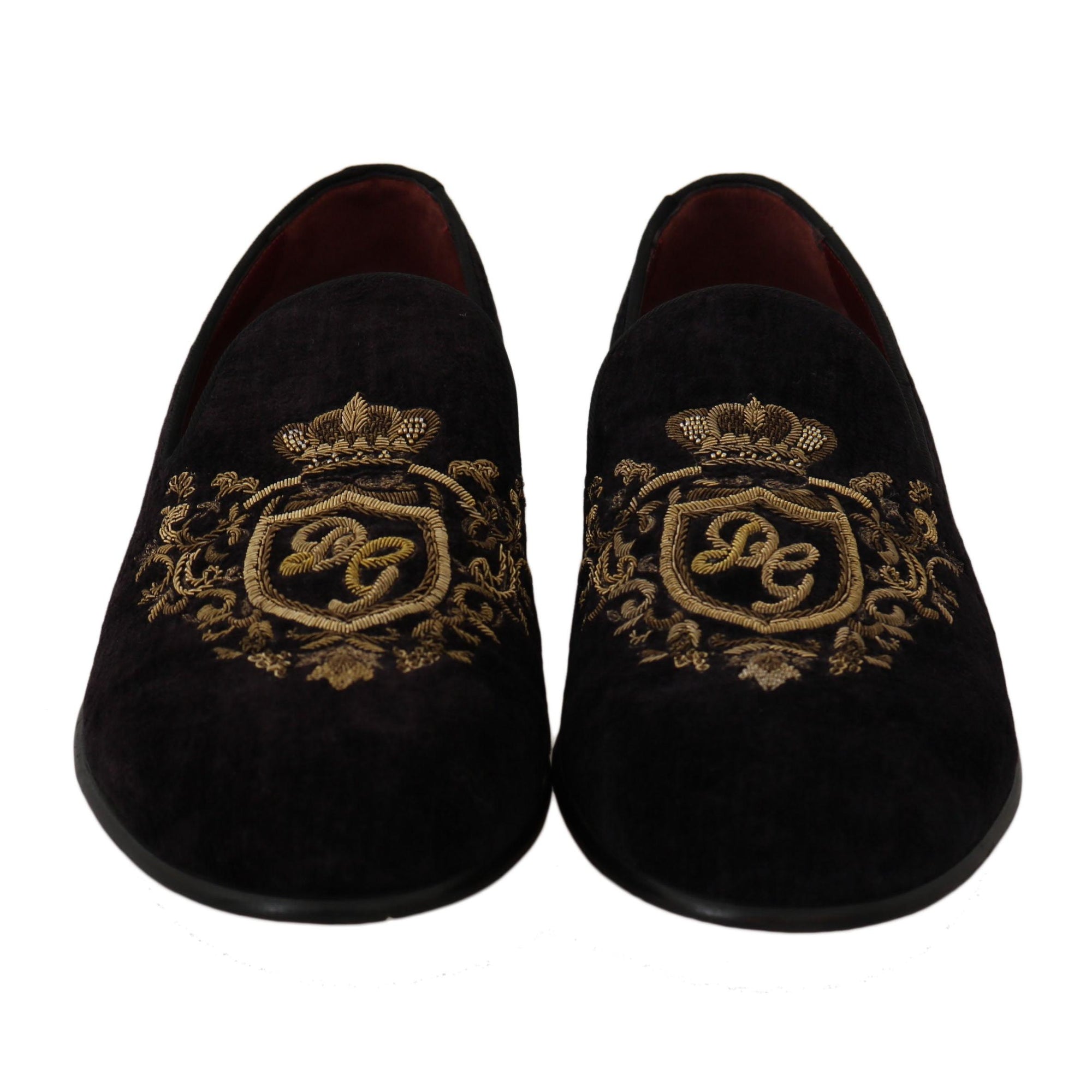 Dolce & Gabbana Elegant Black Loafers with Gold Crown Embroidery