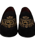 Dolce & Gabbana Elegant Black Loafers with Gold Crown Embroidery
