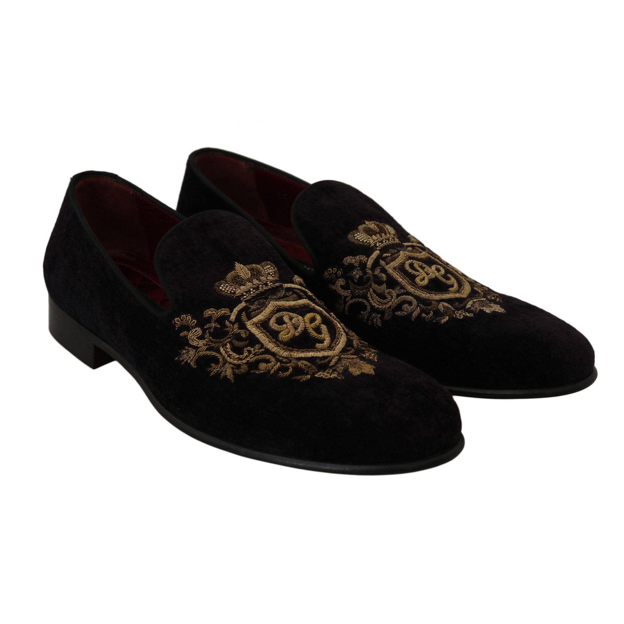 Dolce & Gabbana Elegant Black Loafers with Gold Crown Embroidery