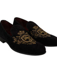 Dolce & Gabbana Elegant Black Loafers with Gold Crown Embroidery