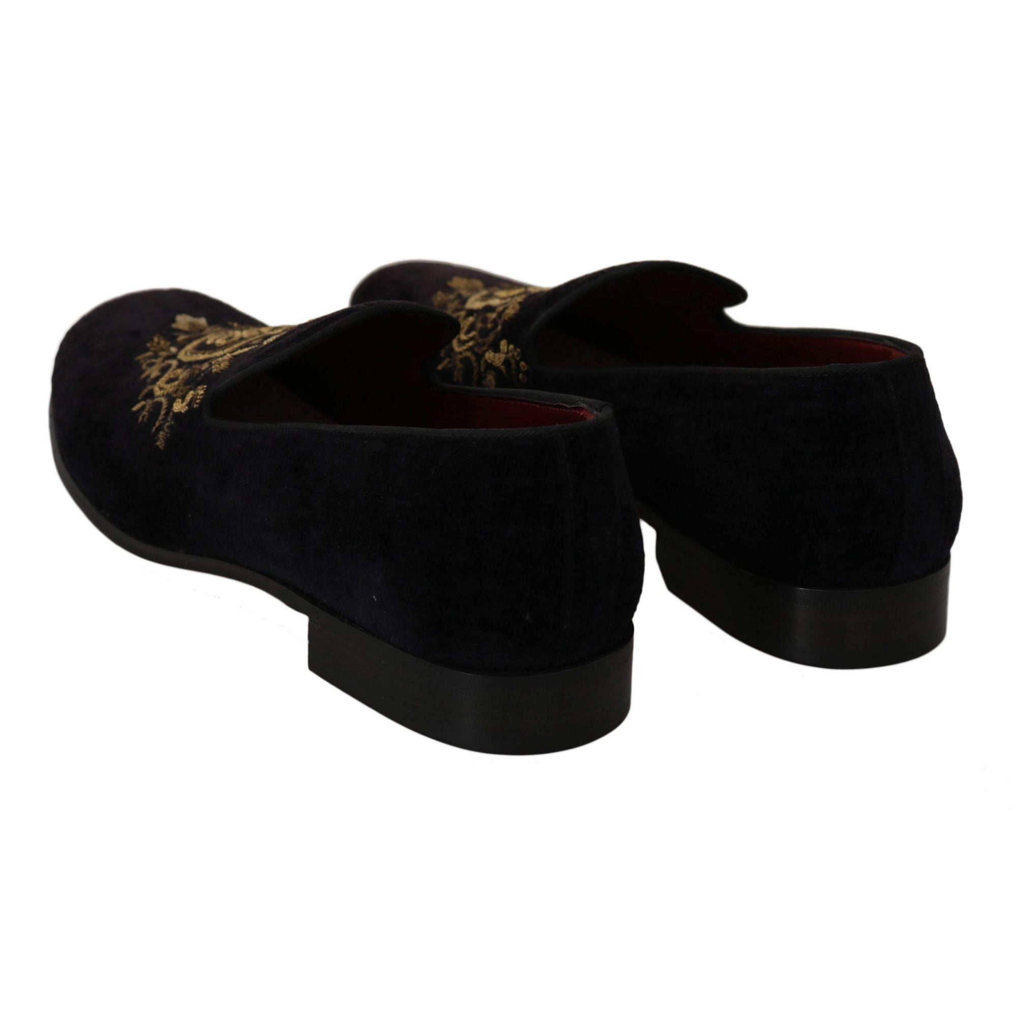 Dolce & Gabbana Elegant Black Loafers with Gold Crown Embroidery
