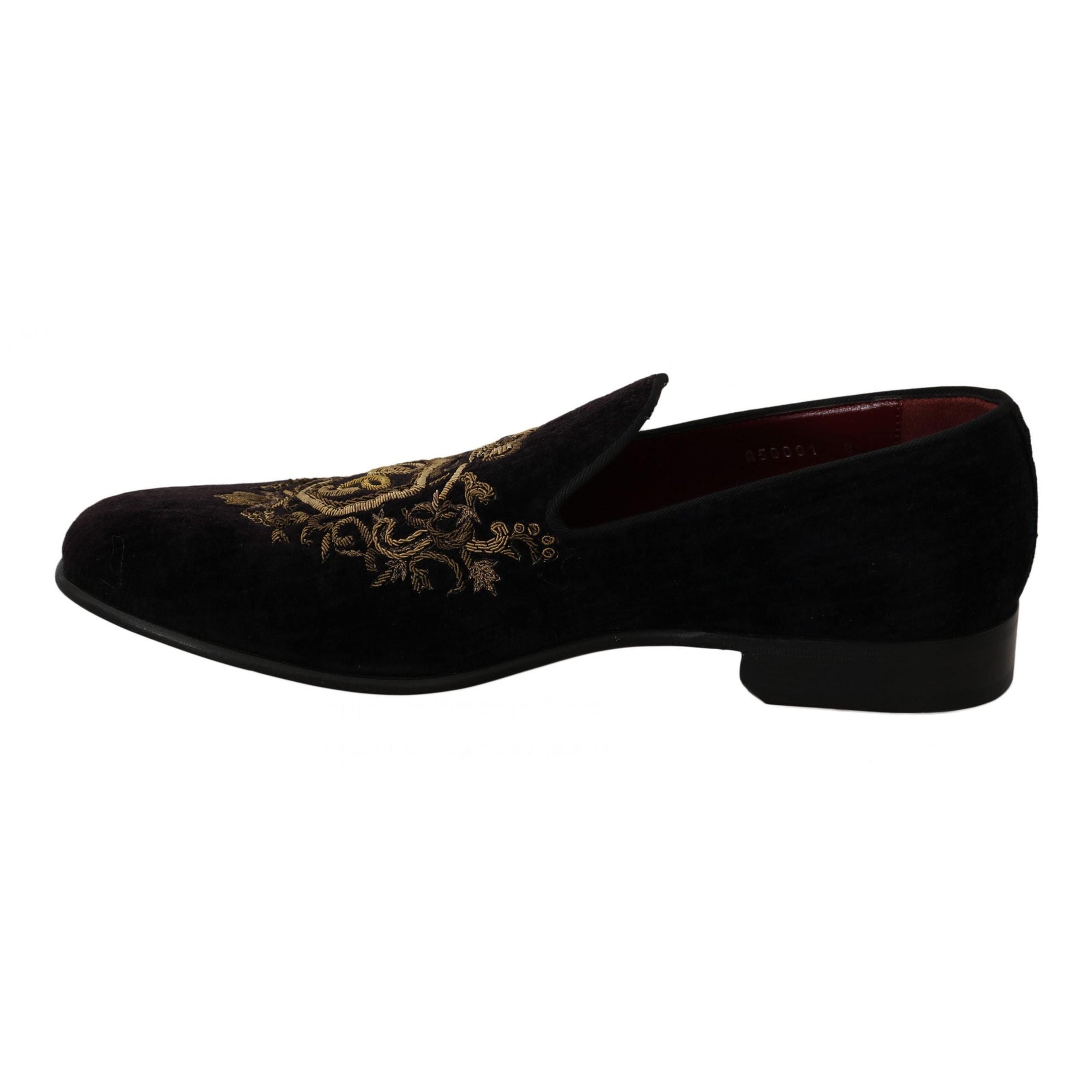Dolce & Gabbana Elegant Black Loafers with Gold Crown Embroidery