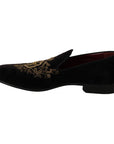 Dolce & Gabbana Elegant Black Loafers with Gold Crown Embroidery