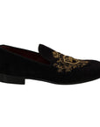 Dolce & Gabbana Elegant Black Loafers with Gold Crown Embroidery