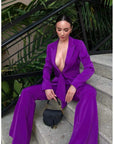 Women's Designer Wedding Pantsuit - Slim Fit Blazer with Waistband and Flare Pants Set