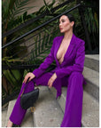 Women's Designer Wedding Pantsuit - Slim Fit Blazer with Waistband and Flare Pants Set