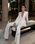 Designer Fashion Women's White Pantsuit - Hollow Rivet Eyelet Blazer and Flare Pants Set