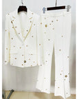 Designer Fashion Women's White Pantsuit - Hollow Rivet Eyelet Blazer and Flare Pants Set