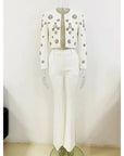 Round Neck Beaded Short Jacket Pants Set 2023 New Fashion Jacket Split Bell Bottoms Set White Business Wear Flare Pants Suits