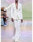 Designer Fashion Women's White Pantsuit - Hollow Rivet Eyelet Blazer and Flare Pants Set