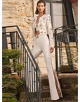 Round Neck Beaded Short Jacket Pants Set 2023 New Fashion Jacket Split Bell Bottoms Set White Business Wear Flare Pants Suits
