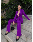Women's Designer Wedding Pantsuit - Slim Fit Blazer with Waistband and Flare Pants Set