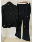 Designer Fashion Women's White Pantsuit - Hollow Rivet Eyelet Blazer and Flare Pants Set