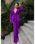 Women's Designer Wedding Pantsuit - Slim Fit Blazer with Waistband and Flare Pants Set