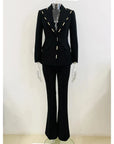 Women's Metal Decoration Blazer and Flare Pants Suit