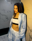 Asiye Faded Denim Suit – Blazer & Pants with Lace Bralette