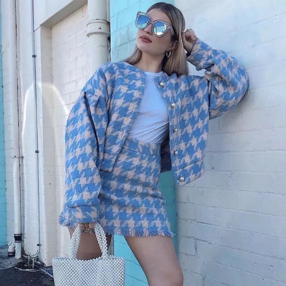 Wool Two-Piece Set with Streetwear Inspired Jacket and Skirt