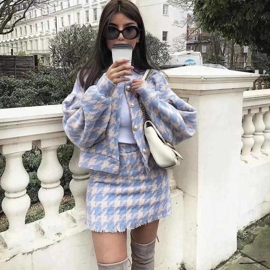 Wool Two-Piece Set with Streetwear Inspired Jacket and Skirt