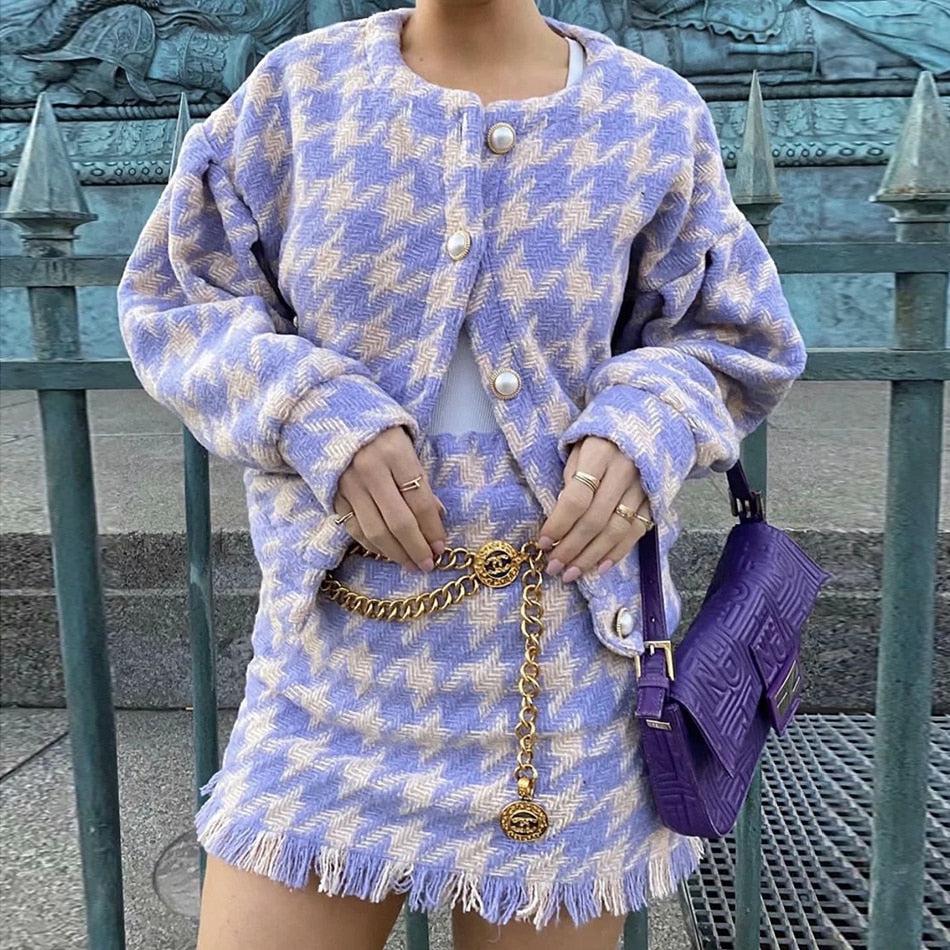 Wool Two-Piece Set with Streetwear Inspired Jacket and Skirt