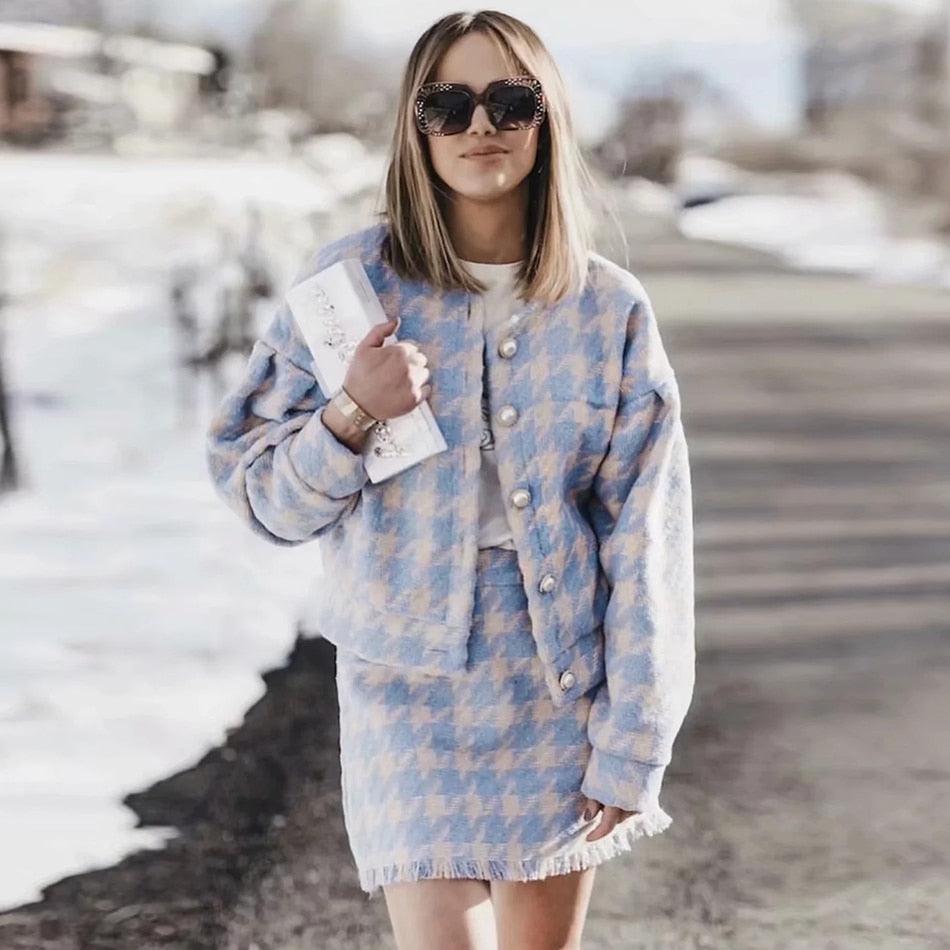 Wool Two-Piece Set with Streetwear Inspired Jacket and Skirt