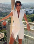 Robe Blazer blanche à revers Sans manche Double Boutonnage