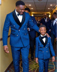 Blue Jacquard Father And Son Men Suits Set Wedding Tuxedos 2 Pieces Blazer+Pant Party Groom Suits Custom Made Costumes Hommes