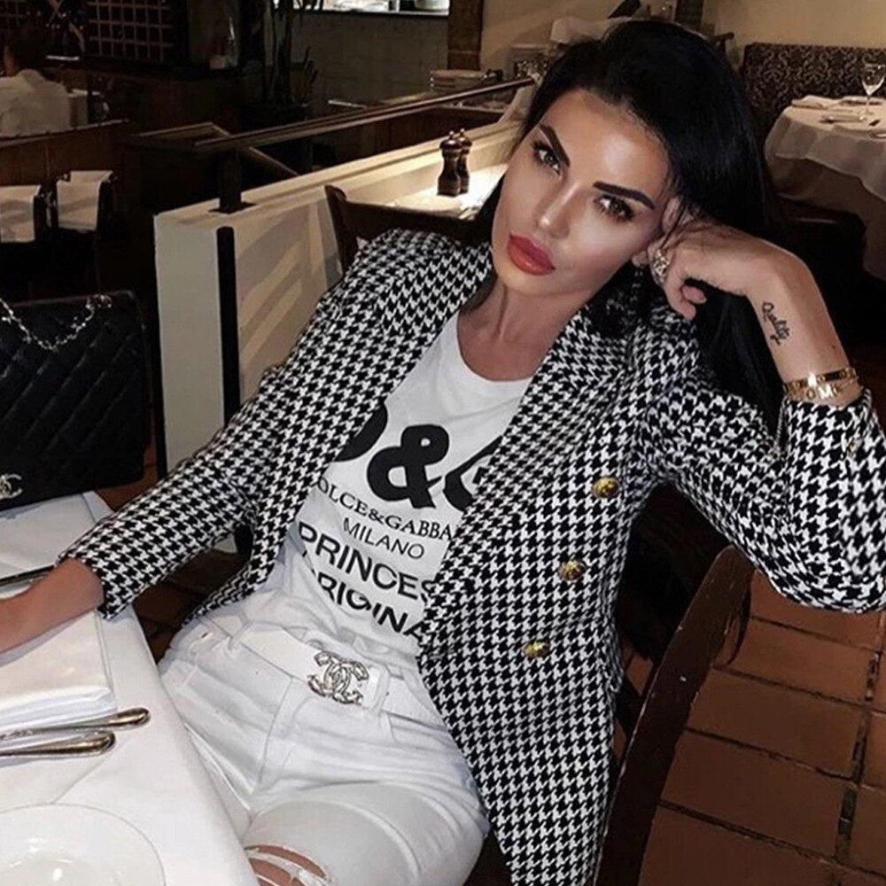 Blazer Quadrillé Gris Style Work Boutons Lion - Paris Deluxe