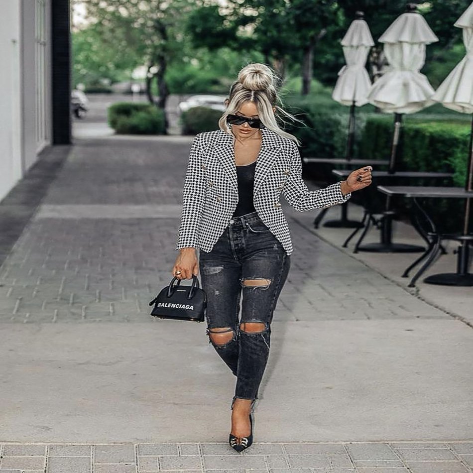 Blazer Quadrillé Gris Style Work Boutons Lion - Paris Deluxe