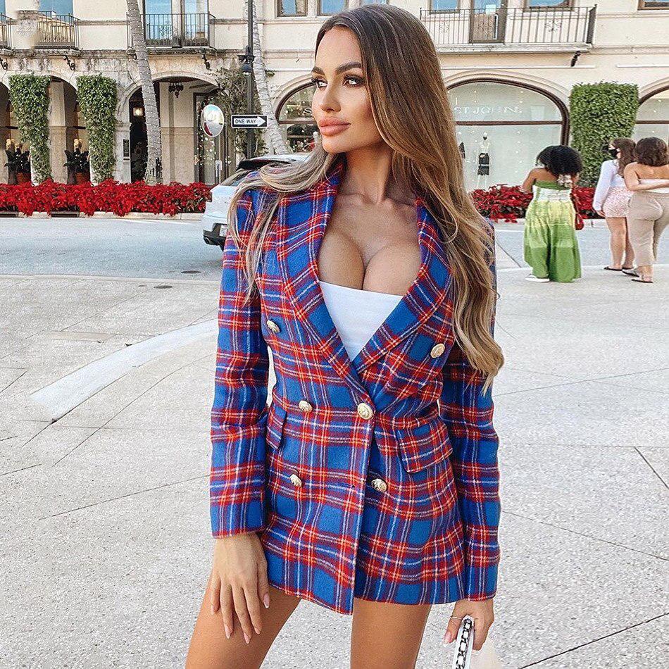 Blazer robe à carreaux / Revers crissé et Double boutonnage Doré - Paris Deluxe