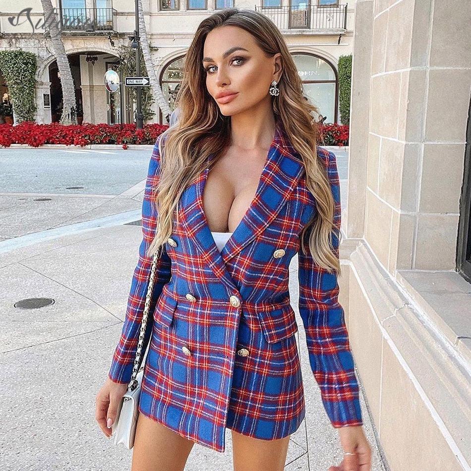 Blazer robe à carreaux / Revers crissé et Double boutonnage Doré - Paris Deluxe