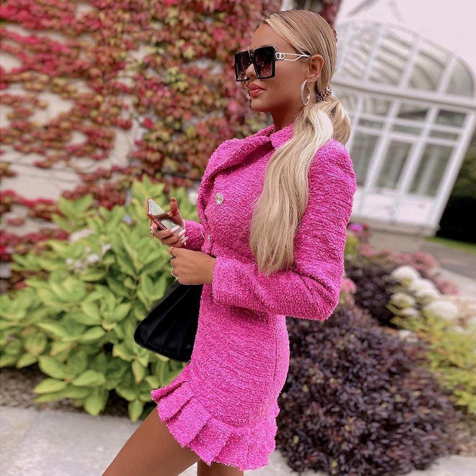 Ensemble deux pièces en Tweed Rose Veste Double boutonnage courte et Mini jupe plissée taille haute - Paris Deluxe