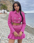 Ensemble deux pièces en Tweed Rose Veste Double boutonnage courte et Mini jupe plissée taille haute - Paris Deluxe