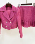 Ensemble deux pièces en Tweed Rose Veste Double boutonnage courte et Mini jupe plissée taille haute - Paris Deluxe