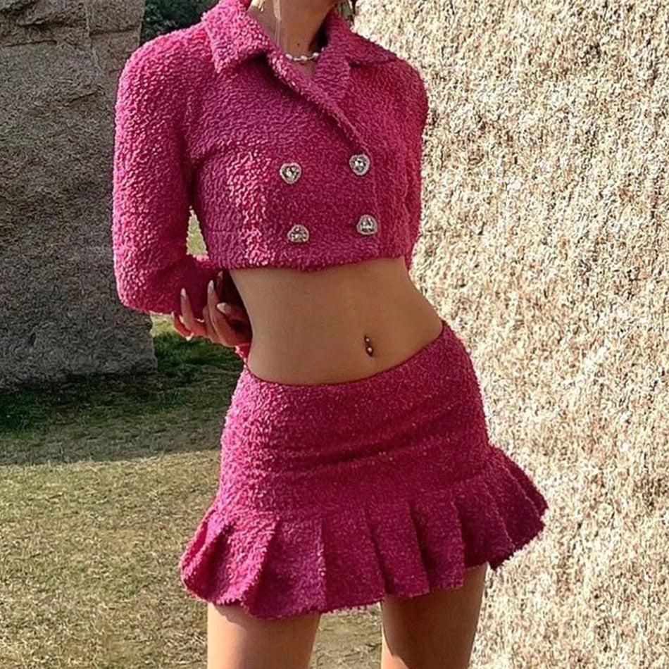 Ensemble deux pièces en Tweed Rose Veste Double boutonnage courte et Mini jupe plissée taille haute - Paris Deluxe