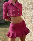 Ensemble deux pièces en Tweed Rose Veste Double boutonnage courte et Mini jupe plissée taille haute - Paris Deluxe