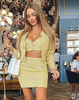 Ensemble Trois Pièces Tweed Jaune Boutons Crystal - Paris Deluxe