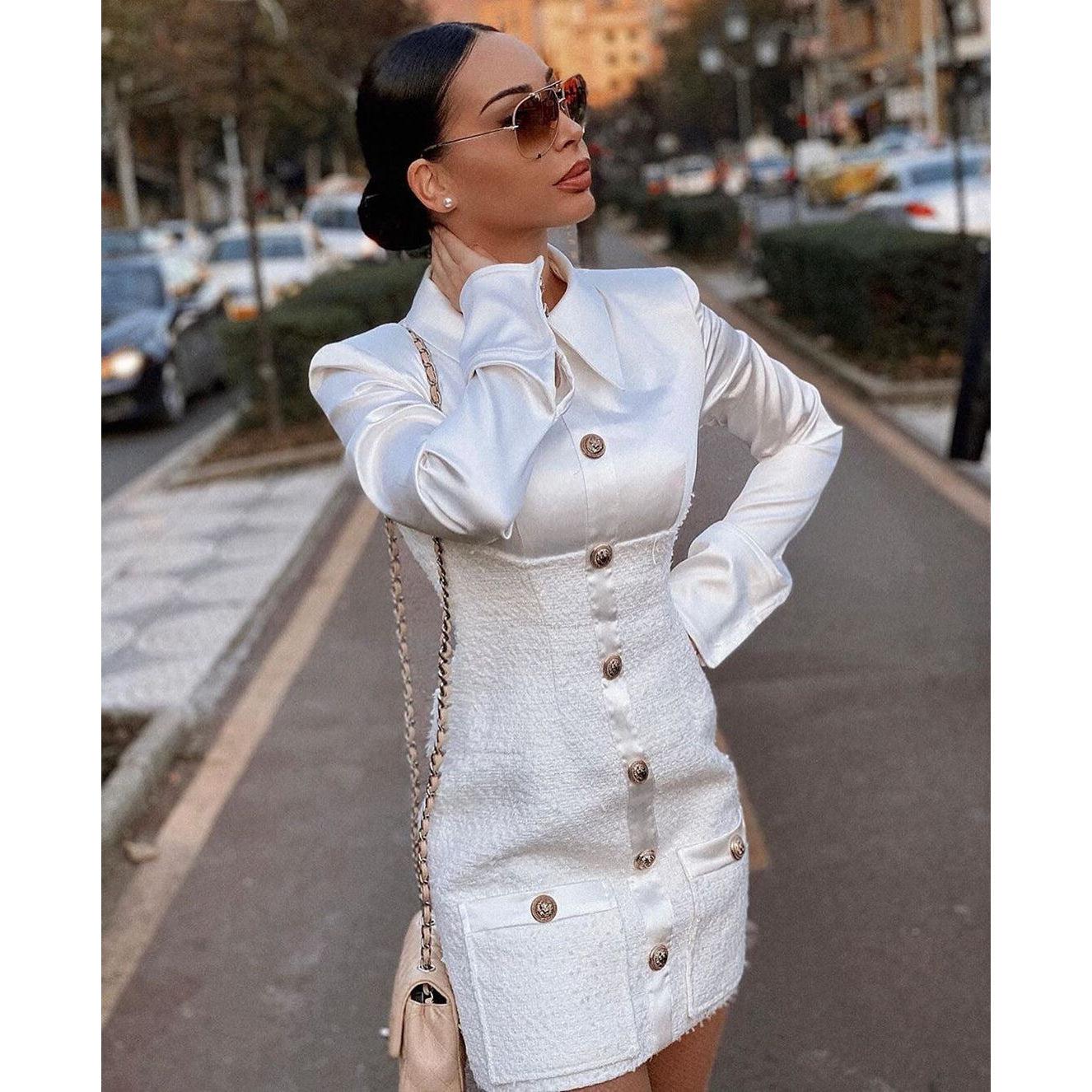 Robe Courte Blanche Manches Longues Satin Boutonnage Poignets Col Polo - Paris Deluxe