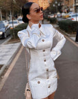 Robe Courte Blanche Manches Longues Satin Boutonnage Poignets Col Polo - Paris Deluxe