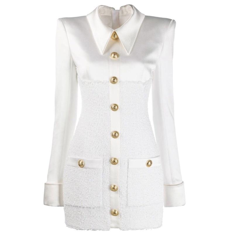 Robe Courte Blanche Manches Longues Satin Boutonnage Poignets Col Polo - Paris Deluxe