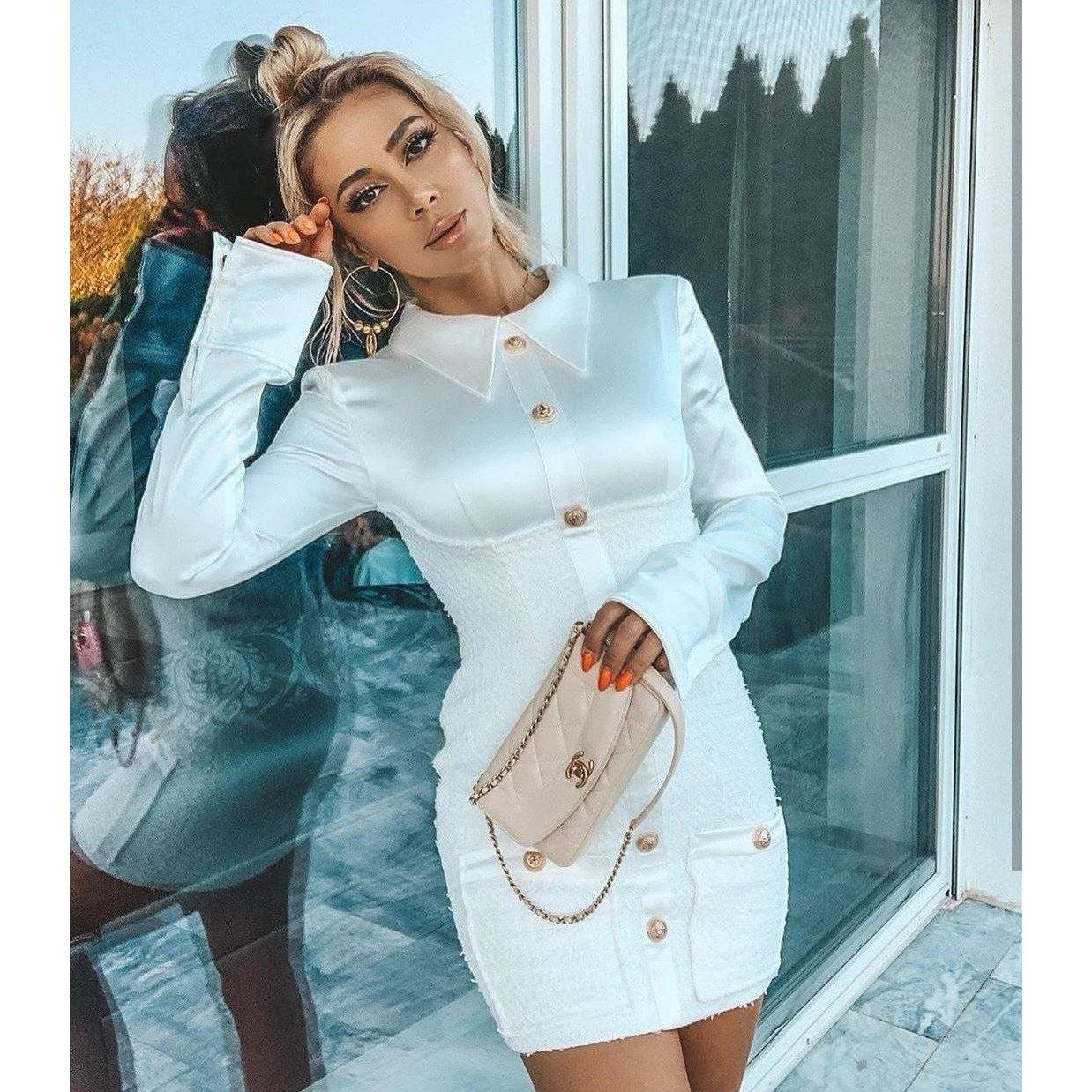 Robe Courte Blanche Manches Longues Satin Boutonnage Poignets Col Polo - Paris Deluxe