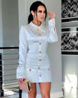 Robe Courte Blanche Manches Longues Satin Boutonnage Poignets Col Polo - Paris Deluxe