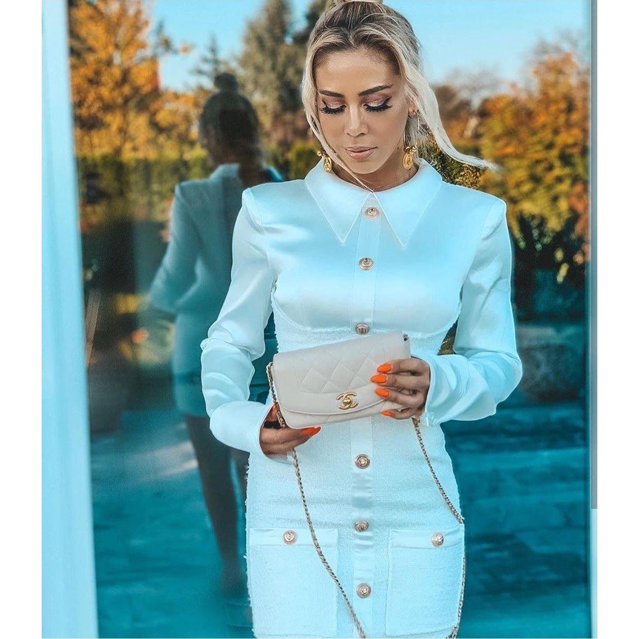 Robe Courte Blanche Manches Longues Satin Boutonnage Poignets Col Polo - Paris Deluxe