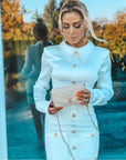 Robe Courte Blanche Manches Longues Satin Boutonnage Poignets Col Polo - Paris Deluxe