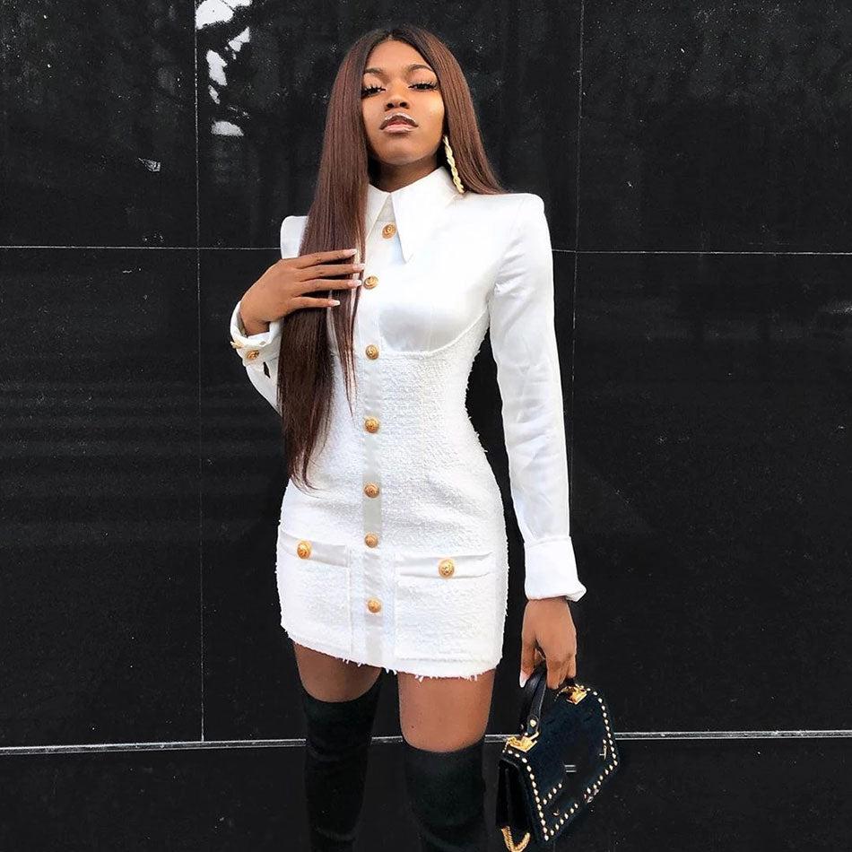 Robe Courte Blanche Manches Longues Satin Boutonnage Poignets Col Polo - Paris Deluxe