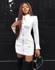 Robe Courte Blanche Manches Longues Satin Boutonnage Poignets Col Polo - Paris Deluxe