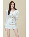 Robe Courte Blanche Manches Longues Satin Boutonnage Poignets Col Polo - Paris Deluxe