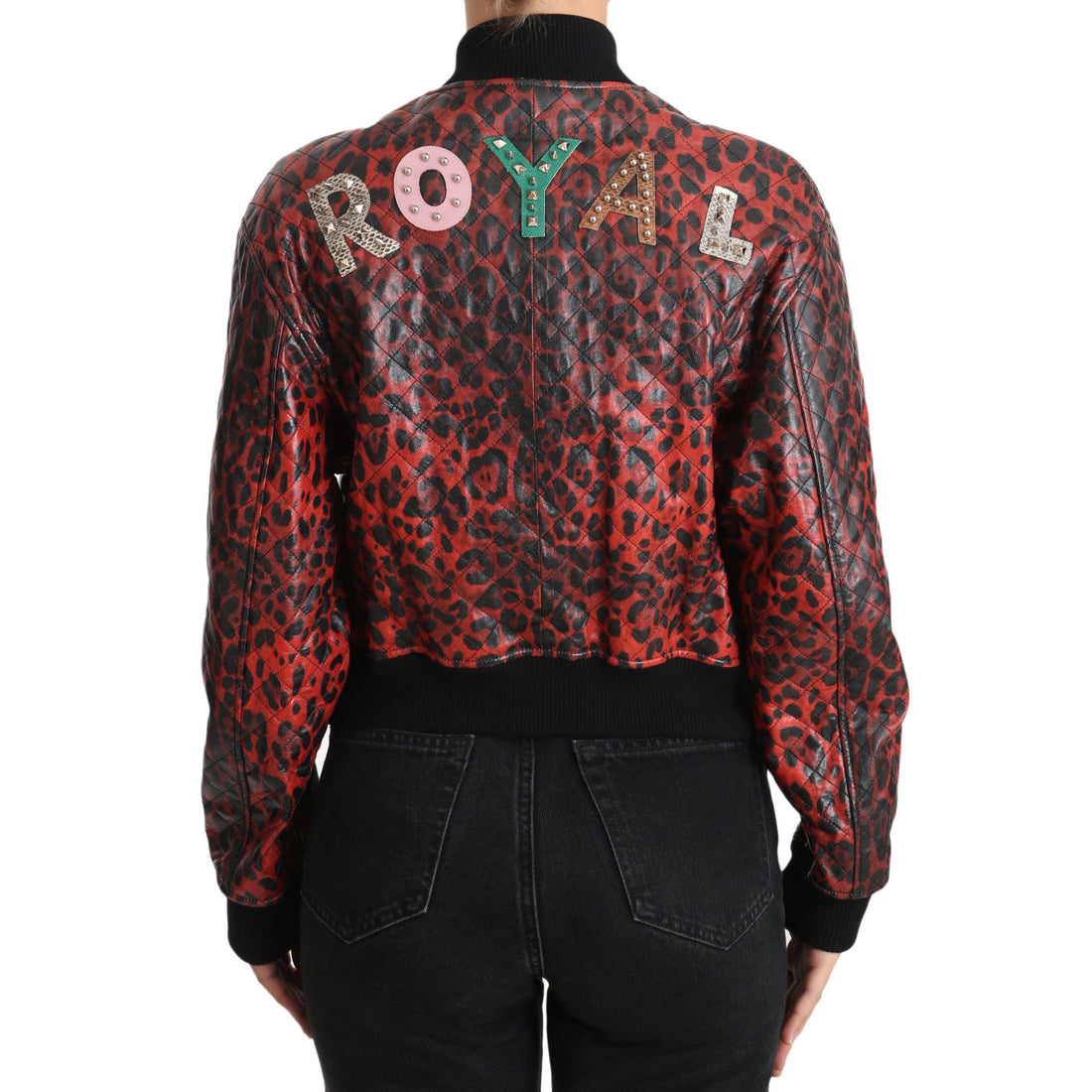 Dolce & Gabbana Red Leopard Bomber Leather Jacket with Crystal Buttons