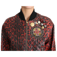 Dolce & Gabbana Red Leopard Bomber Leather Jacket with Crystal Buttons