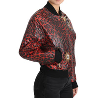 Dolce & Gabbana Red Leopard Bomber Leather Jacket with Crystal Buttons