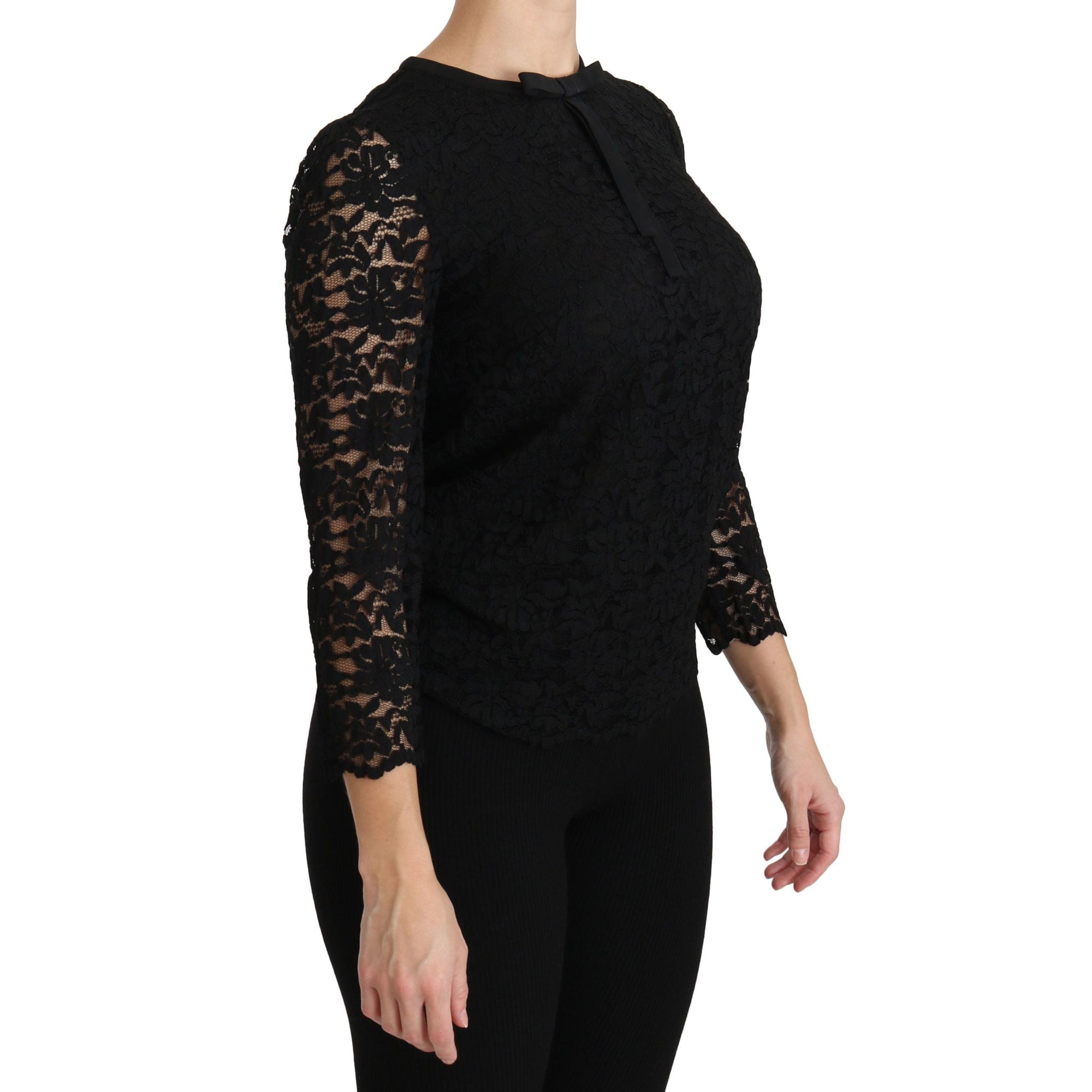Dolce &amp; Gabbana Elegant Black Lace Crew Neck Blouse